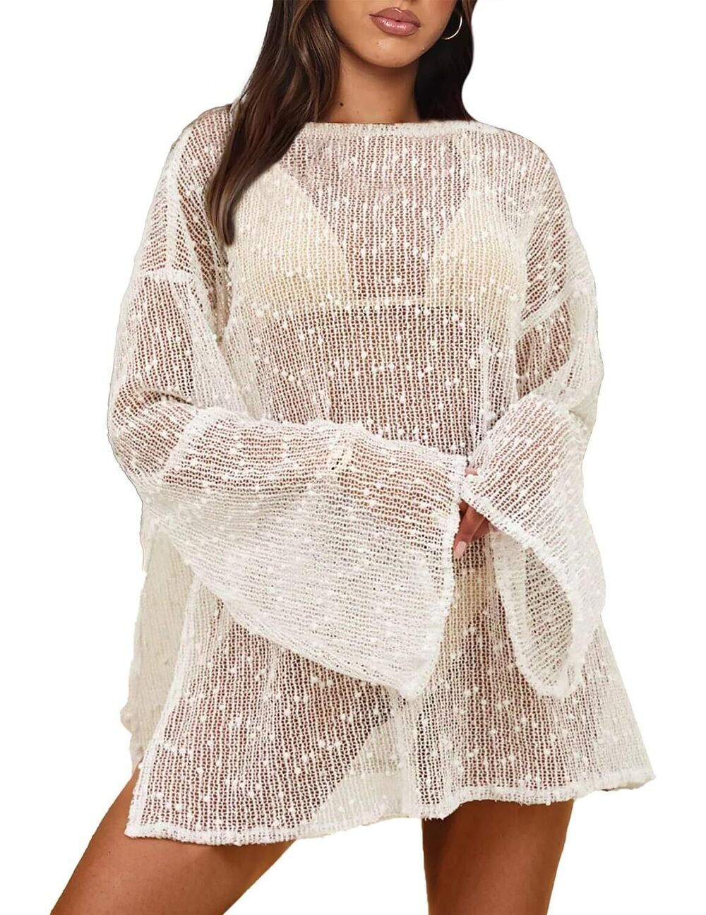 Crochet Beach Cover Up Dress Long Sleeve for Women